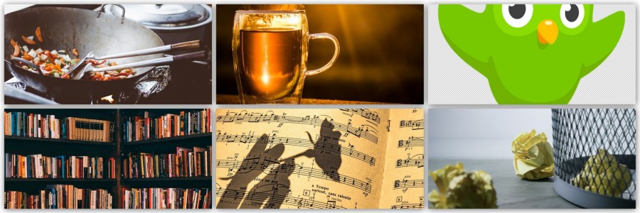 Illustration of tea, Duolingo, books, trash, music, and cooking